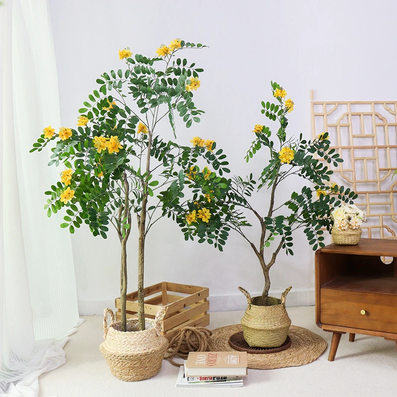 仿真绿植大型室内客厅仿生植物落地盆栽黄槐花树假绿植装饰摆件