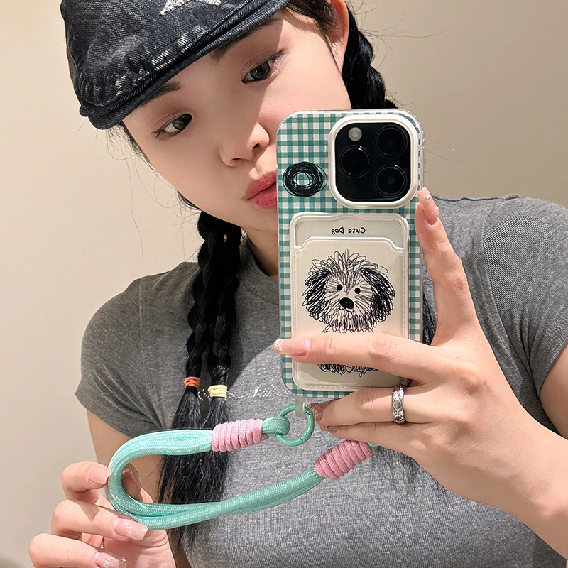 涂鸦狗狗挂绳卡包适用苹果15promax手机壳iphone13女款12软壳14套
