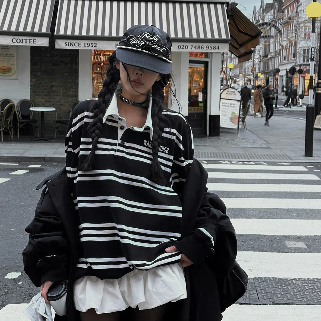 美式高智感黑白条纹Polo领长袖T恤2025秋冬季新款白色短款花苞裙