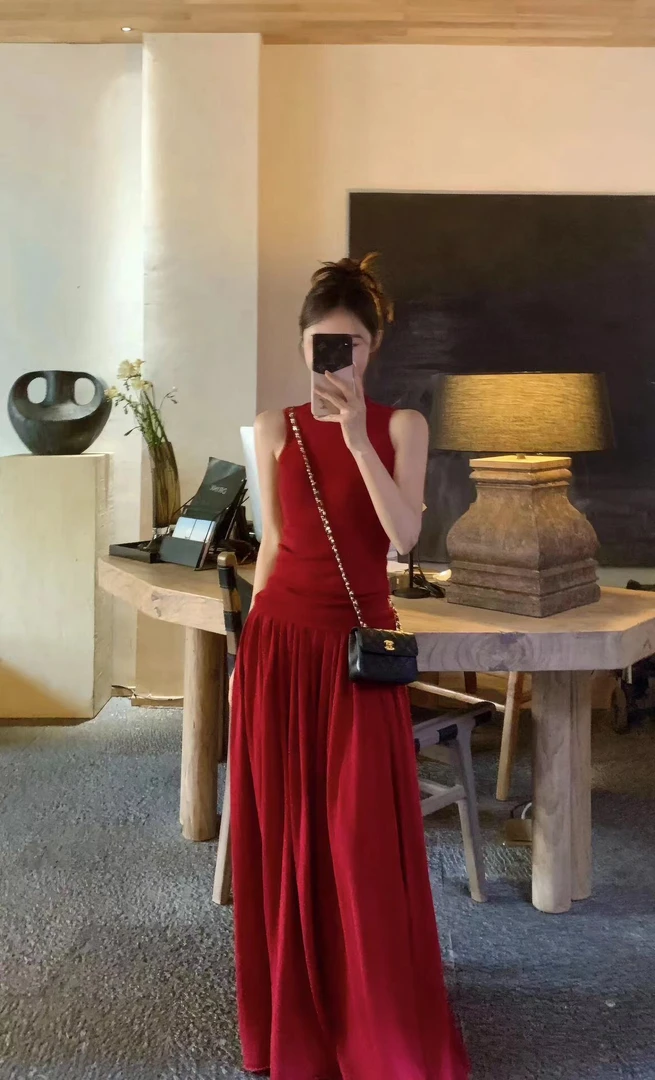 红色修身针织吊带背心上衣辣妹时尚套装女夏2025新款高腰半身长裙