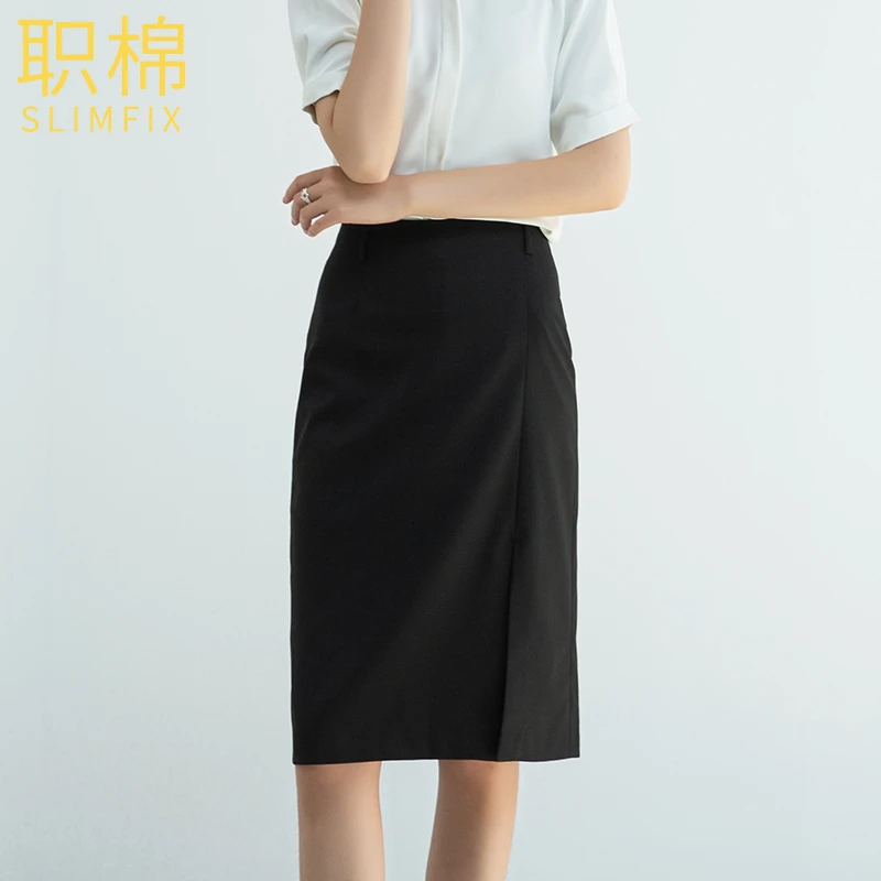 职棉2024秋季黑色气质显瘦显腿长半身女正装高腰工作裙短裙开叉