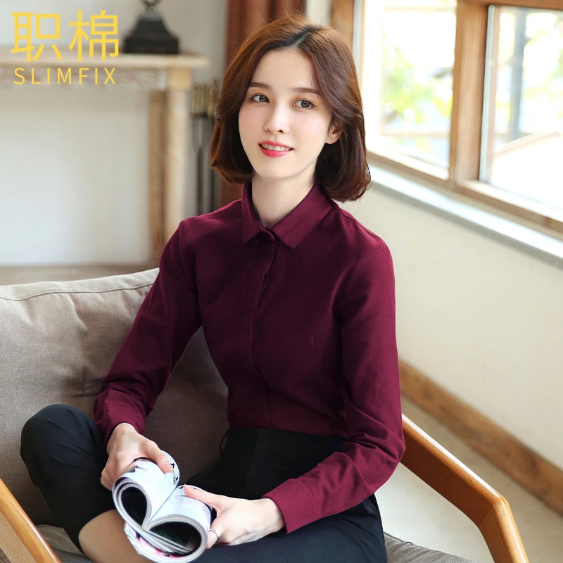 职棉秋冬莱赛尔天丝加厚磨毛方领暗门襟红色女士职业长袖修身衬衣