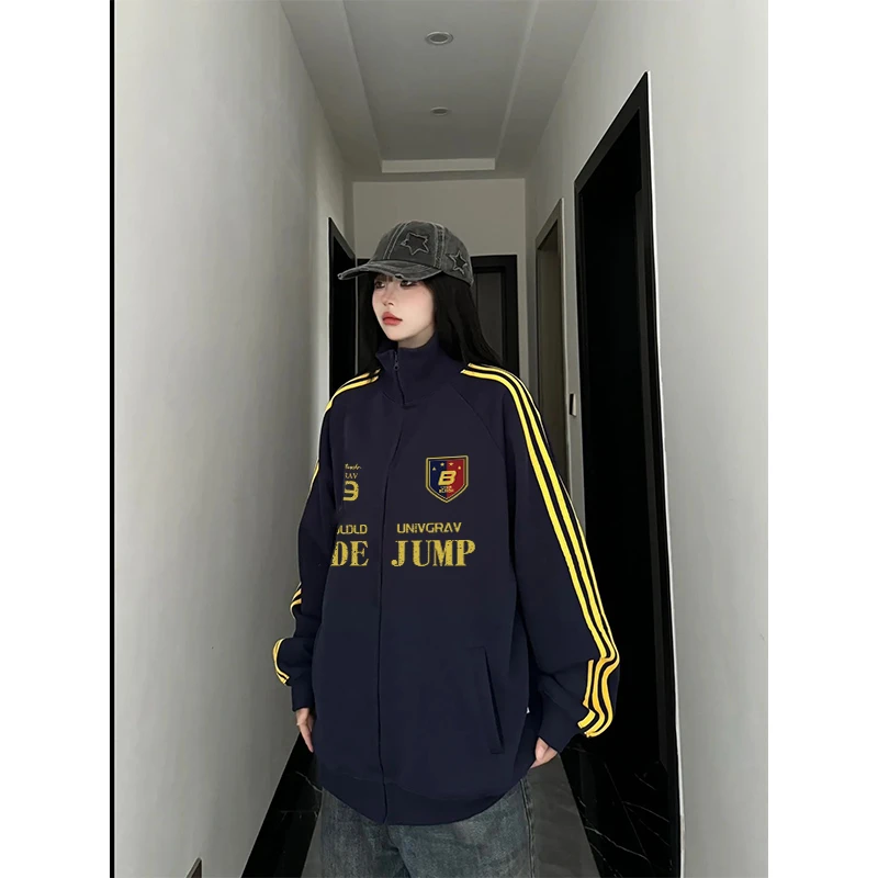 美式复古秋季校园街头感棒球服三条杠立领外套卫衣夹克#T012520