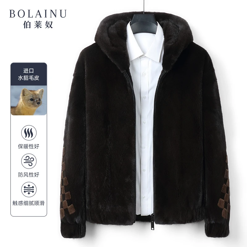 伯莱奴进口貂皮大衣男士丹麦天鹅绒整貂水貂戴帽皮毛一体皮草外套