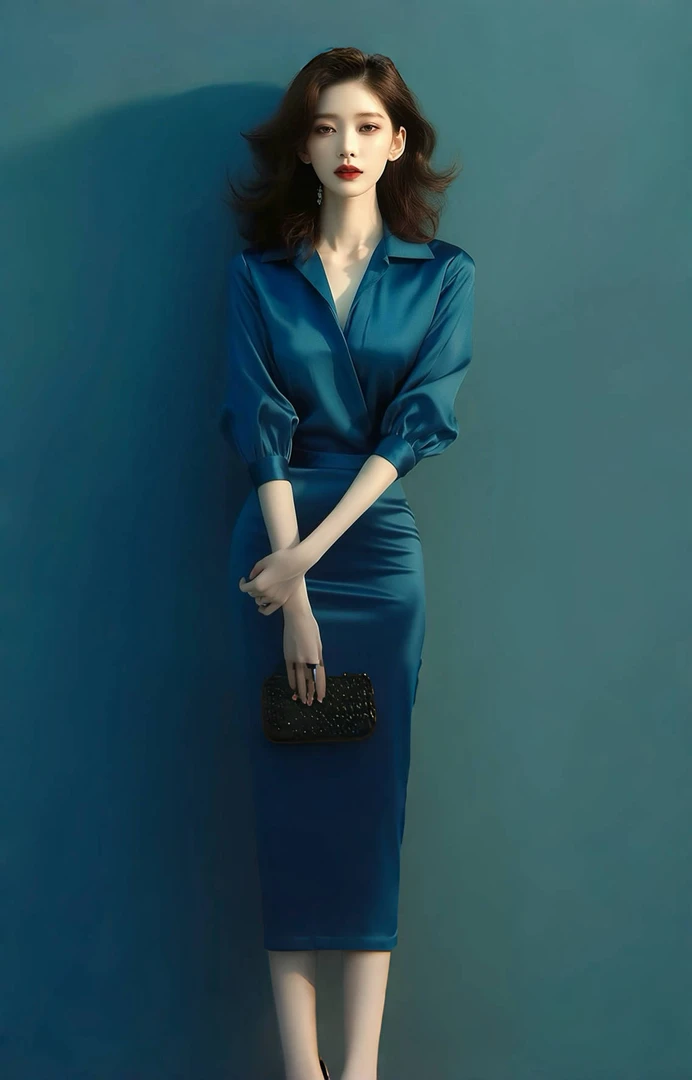 新款法式高端精致性感气质显瘦御姐风蓝色修身包臀连衣裙子