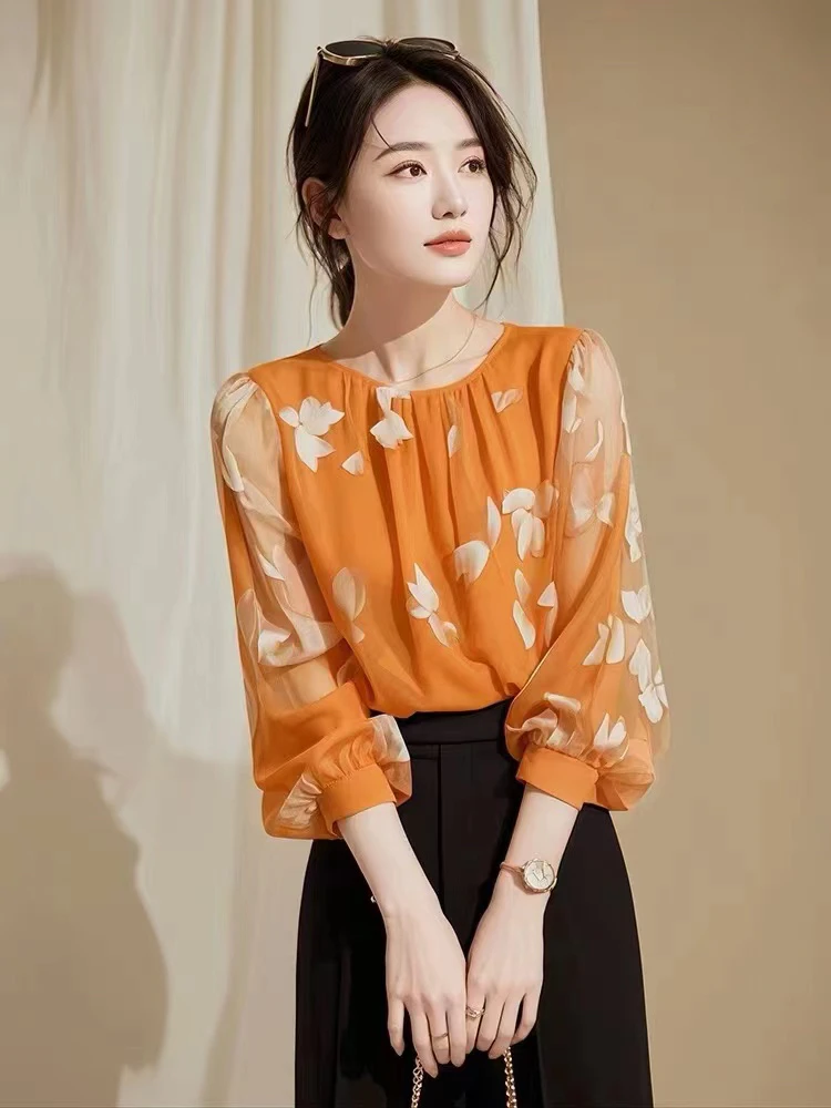 SS407今年流行独特漂亮设计感小衬衫法式雪纺碎花早秋新款上衣女