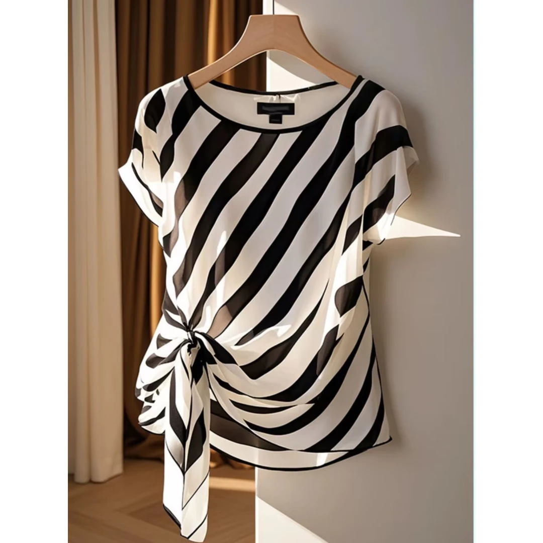 SS3669设计感小众别致圆领条纹不规则上衣夏高端轻奢时尚衬衣女装