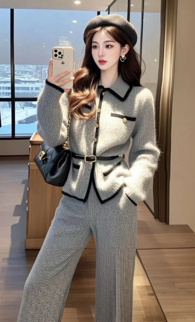 SS803秋季穿搭一整套高级感时尚气质酷飒拽姐灰色小香风针织套装