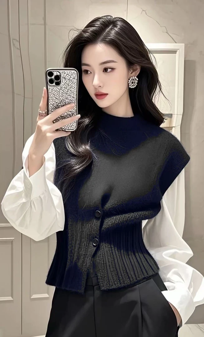 SS647假两件毛衣女冬季高级感超好看独特漂亮小香风针织上衣