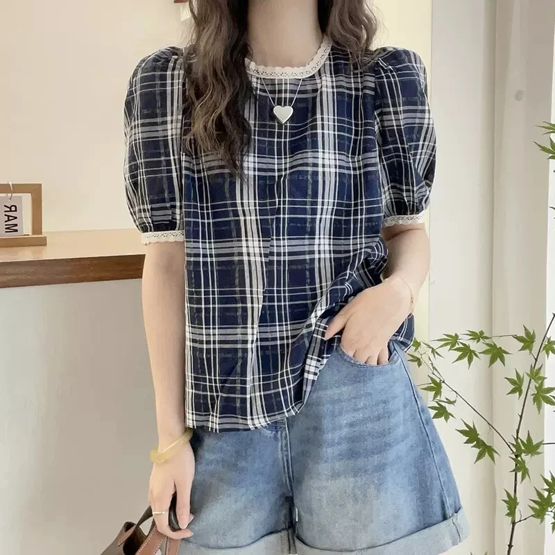 SS324泡泡袖棉格子衬衫女欧洲站夏装新款欧货女装短袖洋气小衫潮