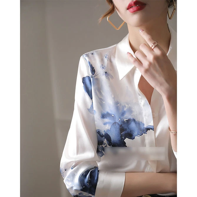 贝丽玛sS966缎面衬衫女长袖设计感小众国风复古水墨印花白衬衣