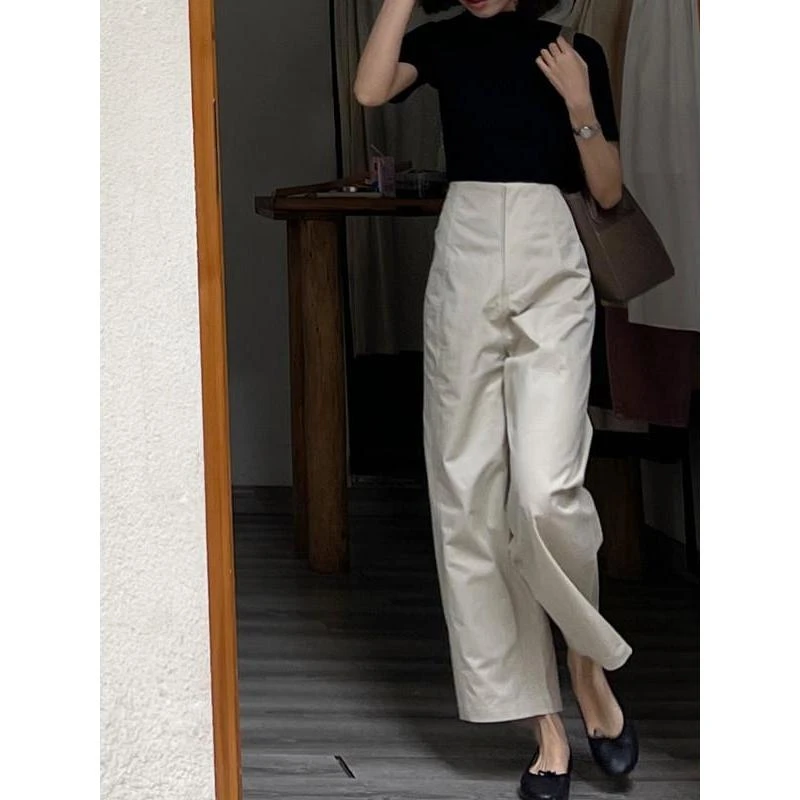 SS8976白色高腰窄版直筒阔腿裤女春秋夏薄款休闲垂感九分裤