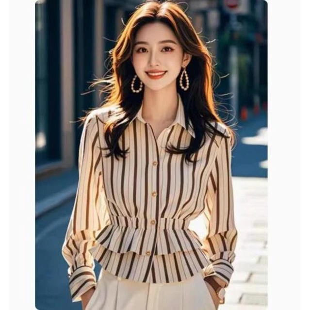 SS89长袖条纹衬衫秋装女款新款收腰气质小衫洋气独特别致早秋上衣