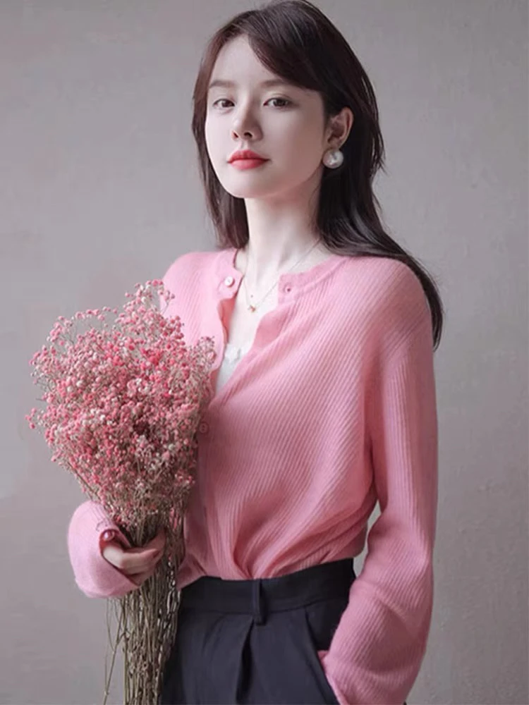 贝丽玛SS1825 早春惊艳一抹水玫红 柔美朦胧 弹力针织开衫