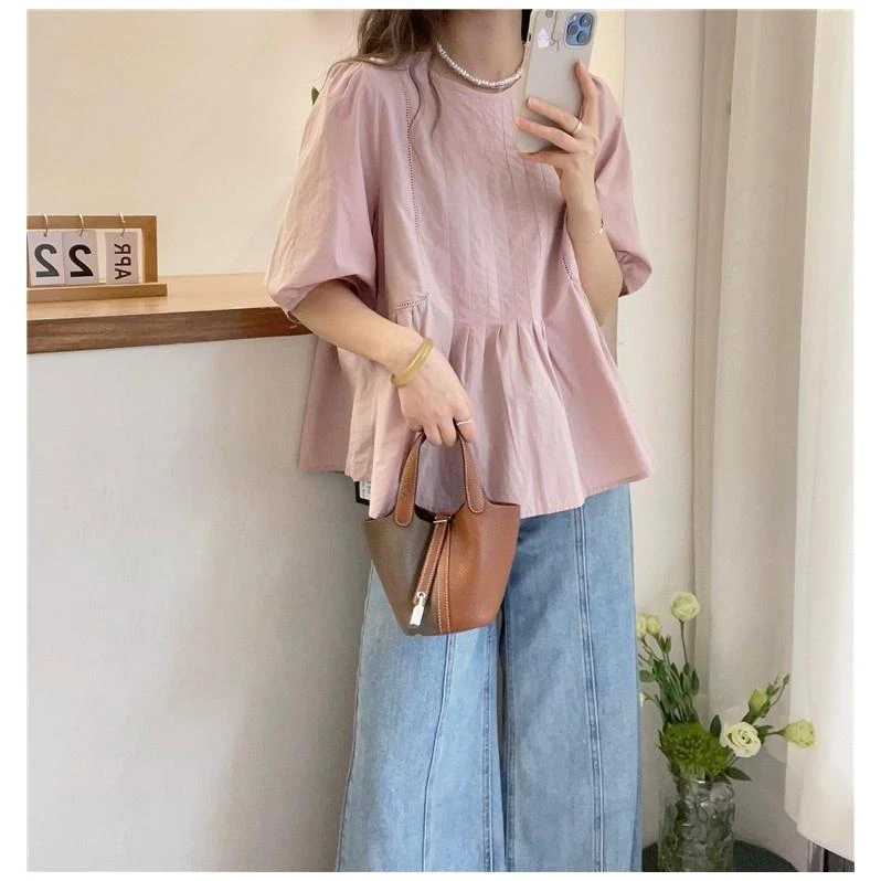 SS325泡泡袖褶皱A字衬衫女欧洲站夏装新款欧货女装时尚洋气小衫潮