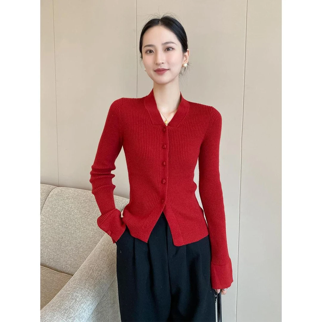 SS346红色复古V领长袖针织开衫女早春2025新款修身时尚毛衣外套