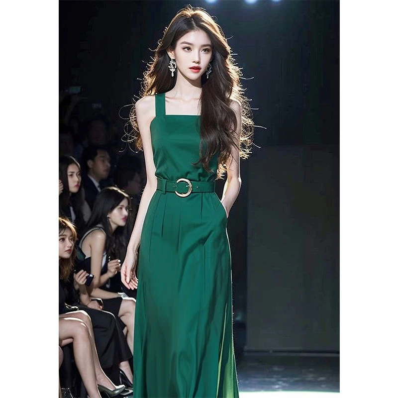 SS3573法式赫本风端庄大气收腰长裙御姐风绝美绿色吊带连衣裙子