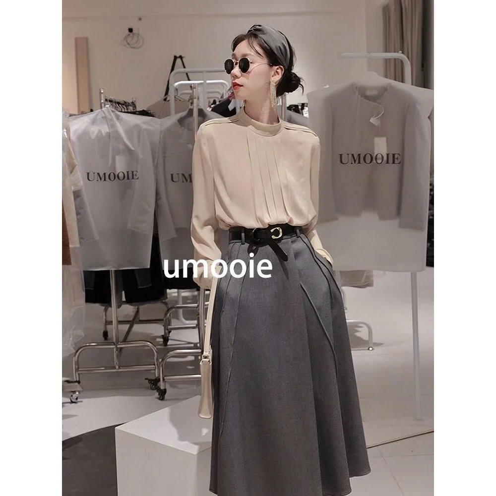 SS985 立领褶皱设计简约衬衣气质优雅套装春秋新款