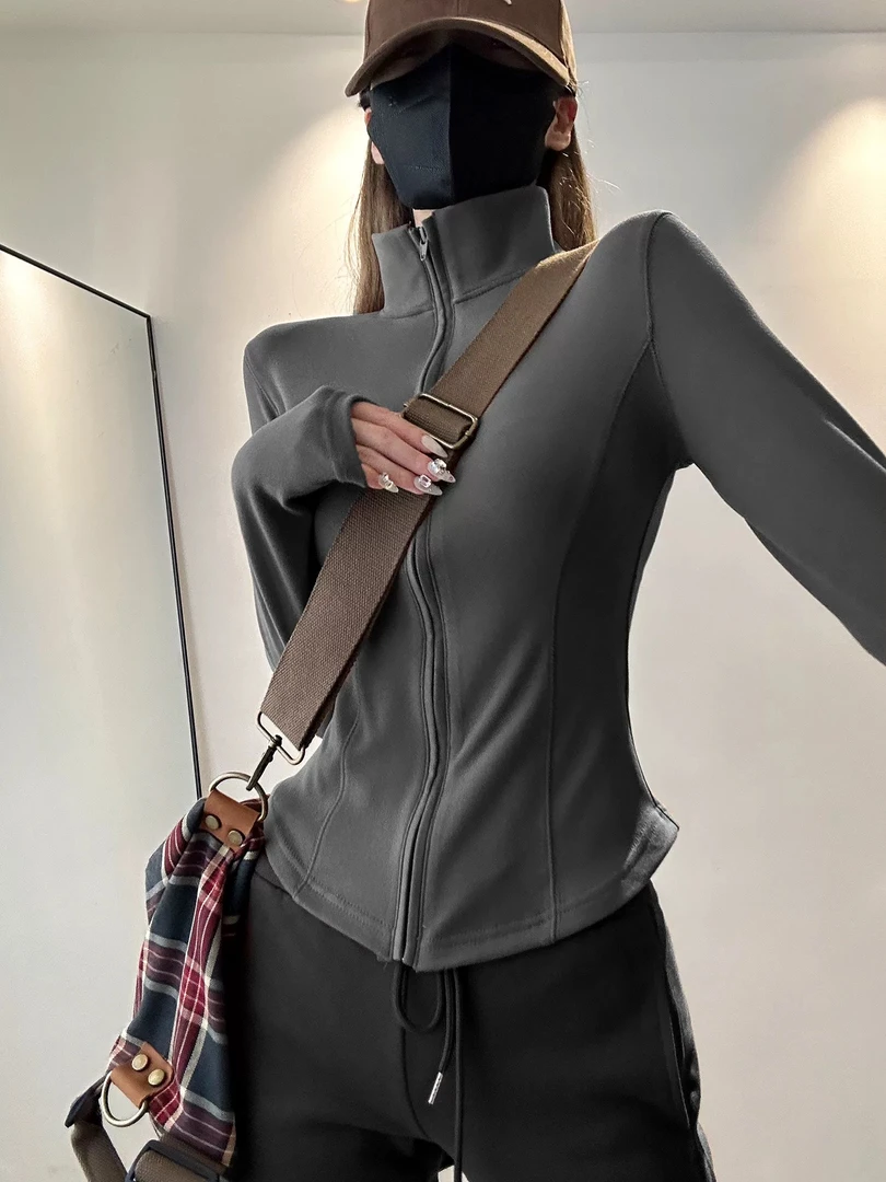 外套紧身运动长袖显瘦秋冬弹力立领德绒长袖上衣修身瑜伽弹力外套