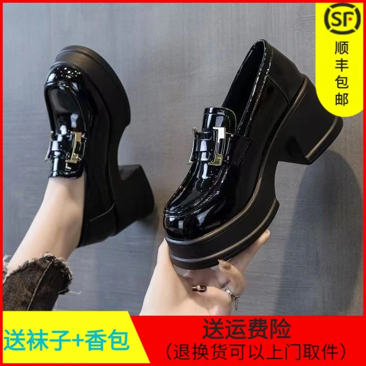 百搭时尚冬季保暖女高跟乐福鞋英伦风网红新款春季女鞋厚底皮鞋潮