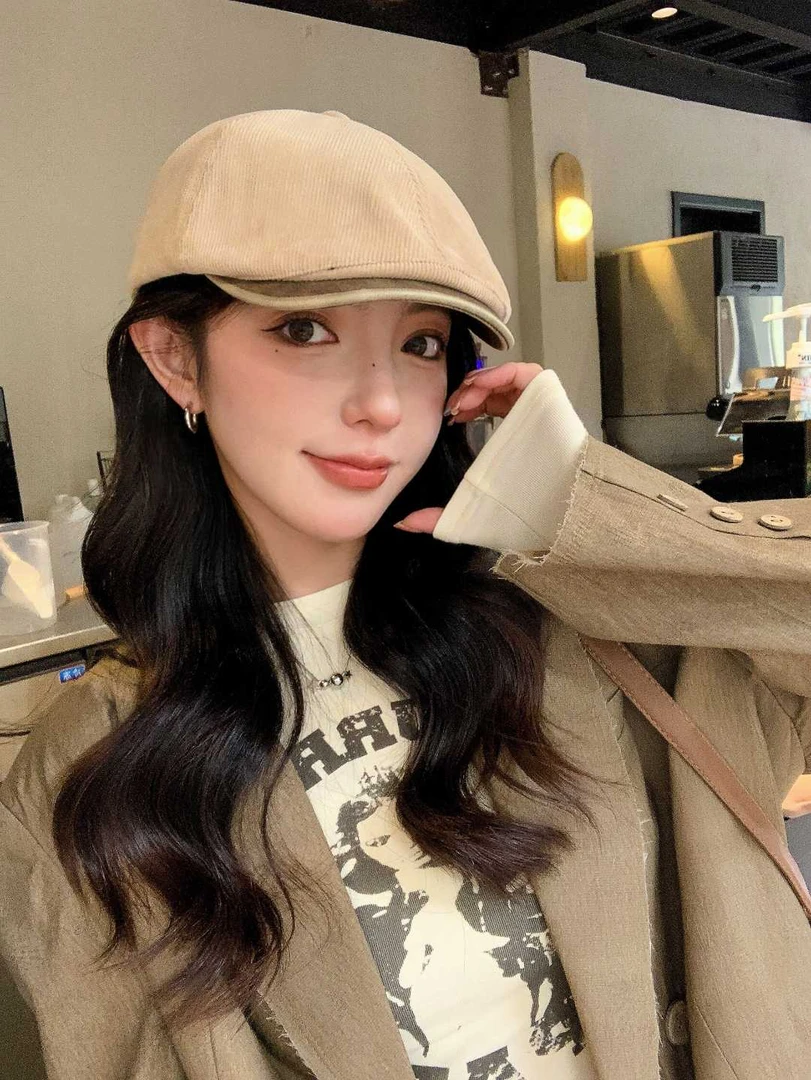 春秋新款韩版大头围日系复古前进帽女款灯芯绒前进帽画家帽报童帽