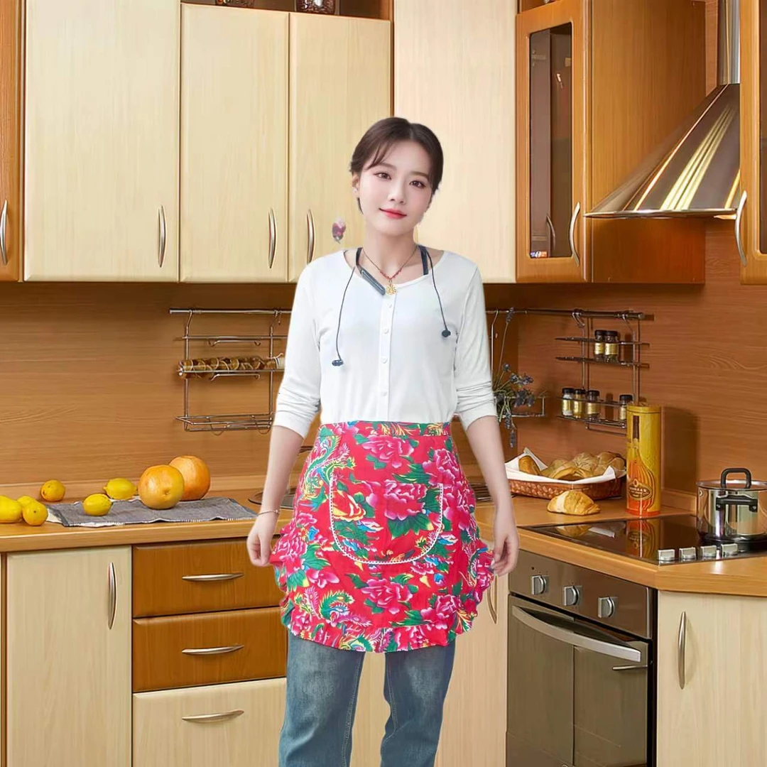 民族风东北大花布半截围裙服务员工作服防水碎花时尚复古家用中式