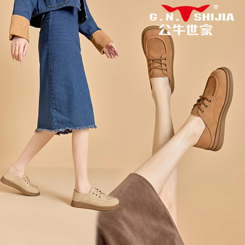 公牛世家棕色英伦风小皮鞋女2024新款夏季方头乐福鞋两穿勃肯女鞋