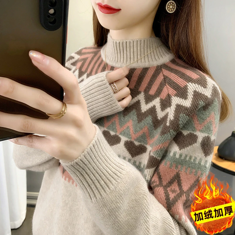 初中生毛衣女加绒加厚秋冬新款半高领高中生少女提花保暖内搭上衣