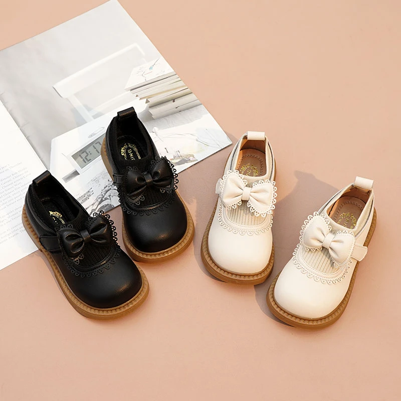 女童黑色小皮鞋2024春夏新款儿童蝴蝶结洋气单鞋小女孩真皮公主鞋
