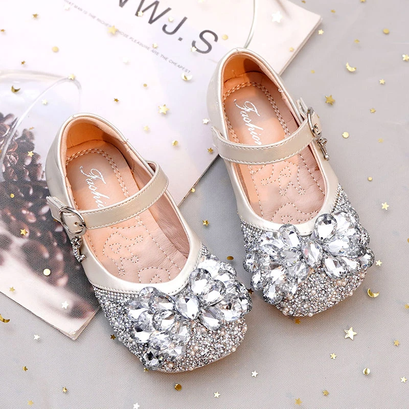 女童水晶鞋儿童银色小皮鞋公主鞋女孩水钻鞋单鞋2024秋季新款童鞋