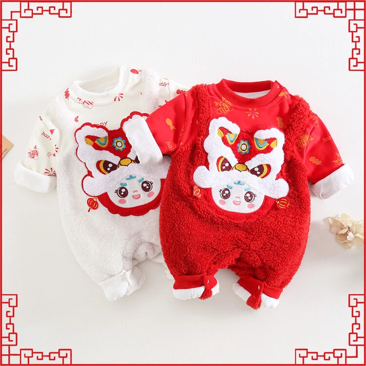 新生婴儿衣服冬季满月加厚连体衣宝宝中国风新年哈衣冬装外出爬服