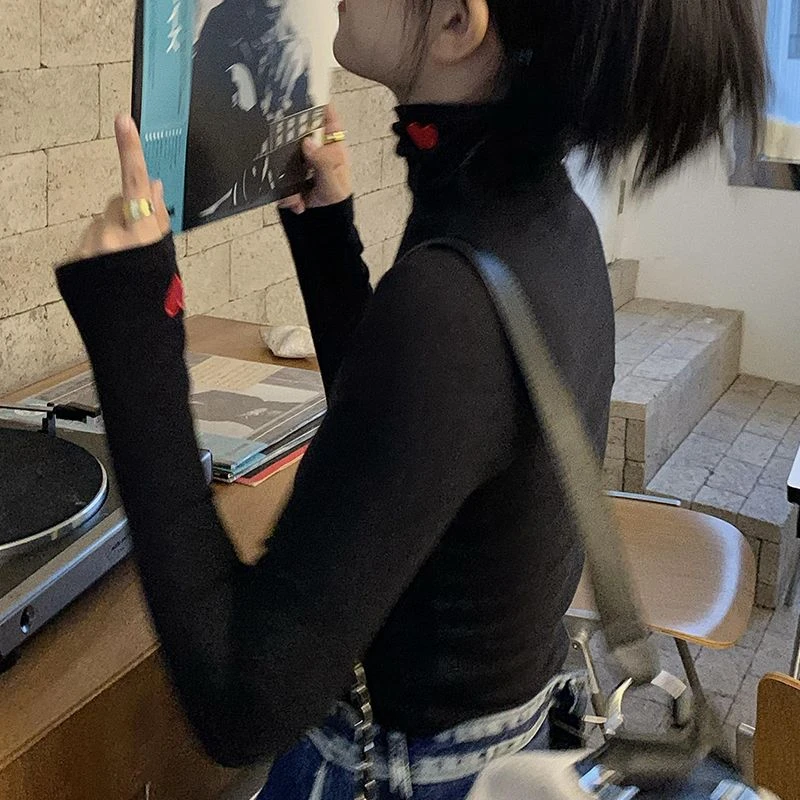 双面绒高领打底衫女秋冬德绒显瘦爱心刺绣修身长袖内搭保暖上衣