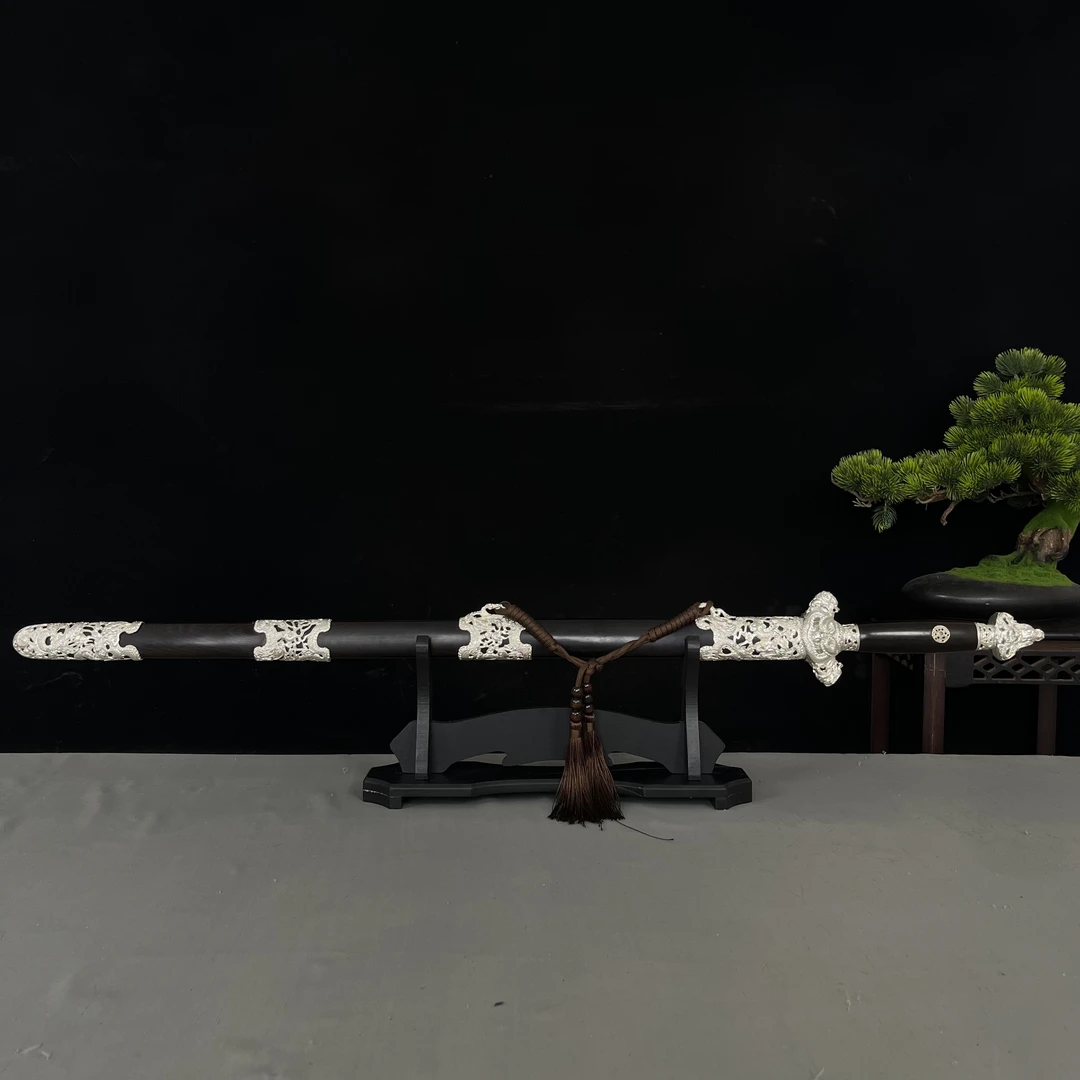 九龙清剑百炼花纹钢瓦面天星纹白铜黑檀木龙泉（上韵刀剑）未开刃