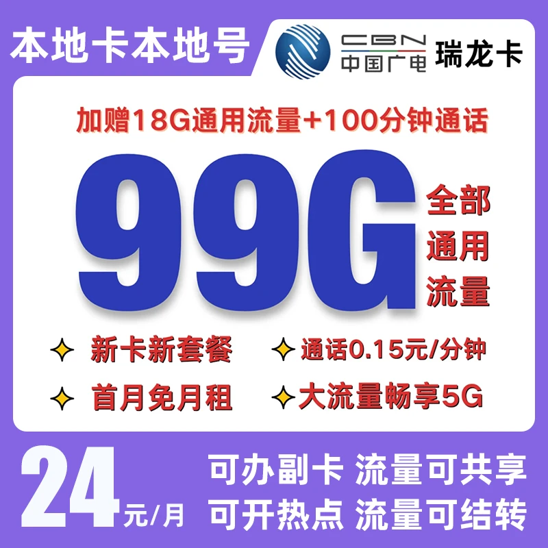 【审核助手专属】中国广电瑞龙卡手机卡流量卡低月租大流量5G电话卡