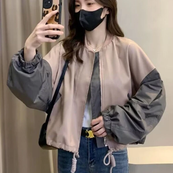 欧货拼色棒球服外套女春季2023新款小个子宽松短款设计感夹克上衣