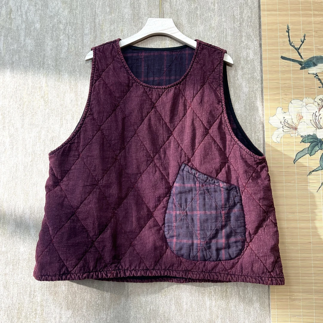 复古炒色亚麻贴布棉马甲（衣长60胸围120左右）