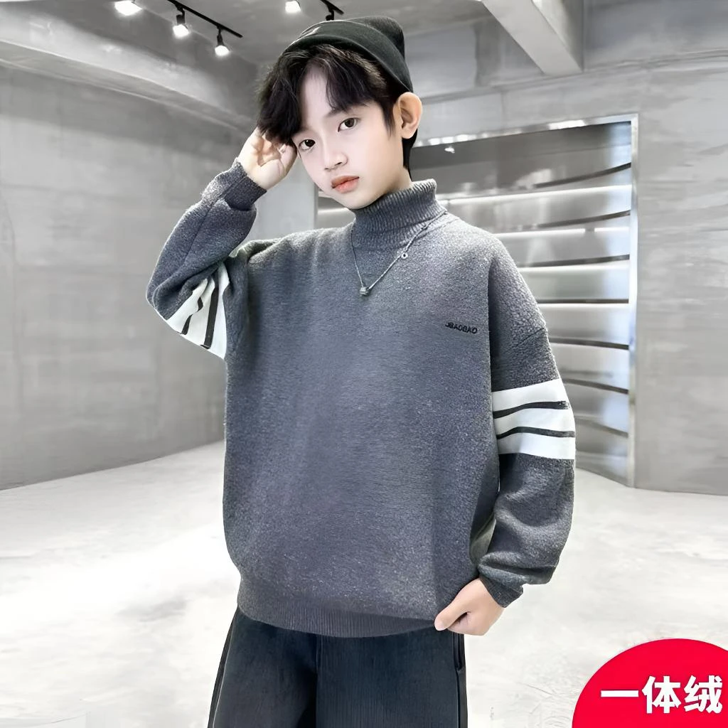 中大童一体绒毛衣韩版加绒洋气男童开学套头冬款加厚高领时尚百搭
