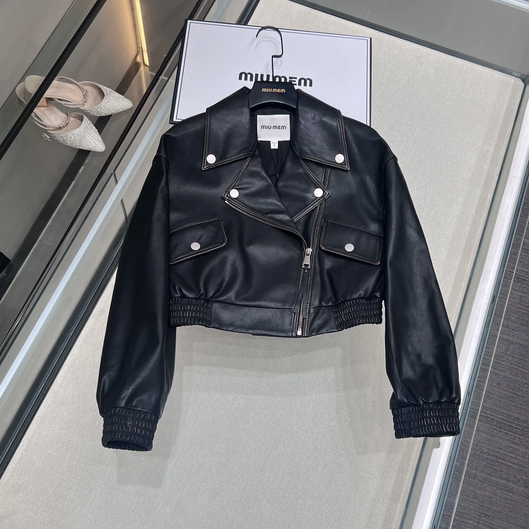 新MIUMEM羊皮早秋女短款宽松翻领帅气机车皮夹克港风外套LA9961