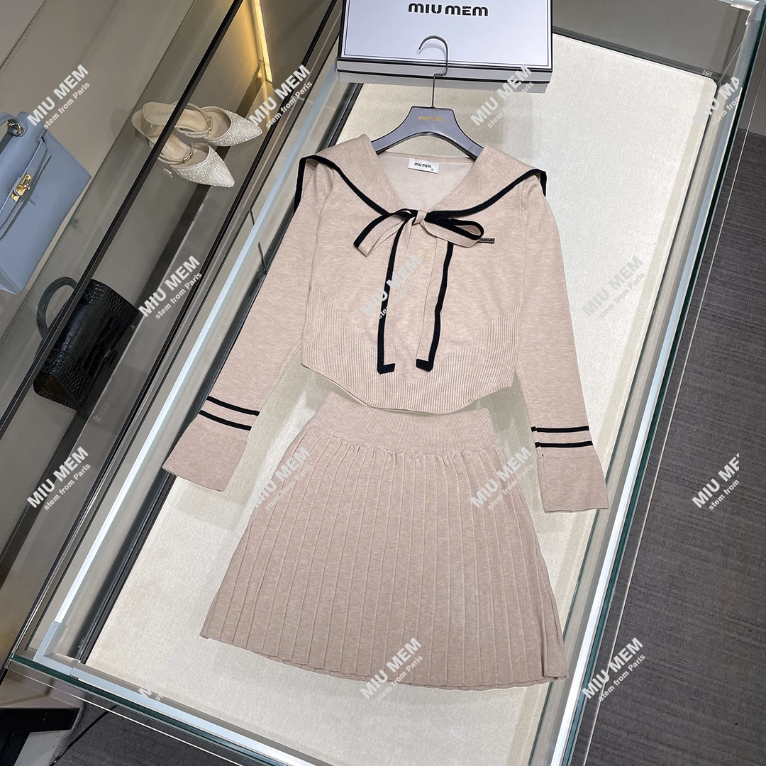 【温柔女友】学院风蝴蝶结套装针织上衣百褶半裙DY5461