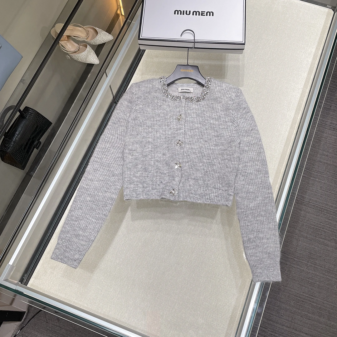 新MIUMEM秋冬法式小香风重工烫钻修身针织开衫上衣DY5765