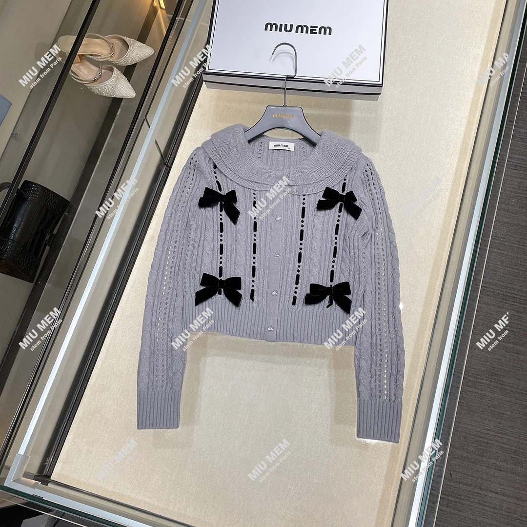 MIUMEM现货早秋高端法式小香风立体蝴蝶结钉珠针织衫上衣 DY5227