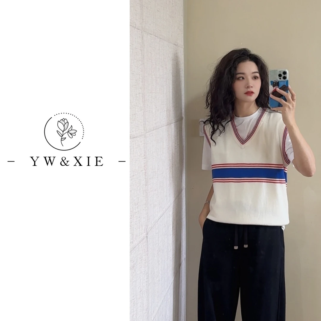 YW&XIE《致青春》100纯羊毛V领无袖毛衣春秋外搭马甲背心女肩c1001