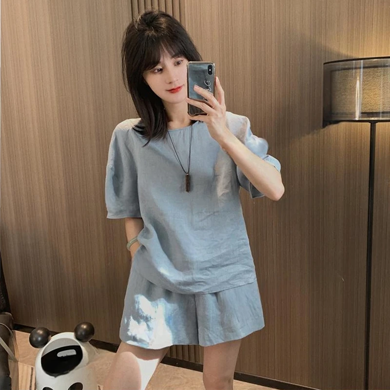 洋气质苎麻上衣短裤时尚套装2024夏休闲宽松圆领文艺两件套短袖