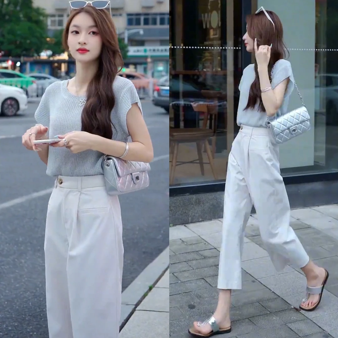 2024夏季新款显瘦纯色百搭T恤+高腰薄款松紧腰九分显瘦直筒裤宽松