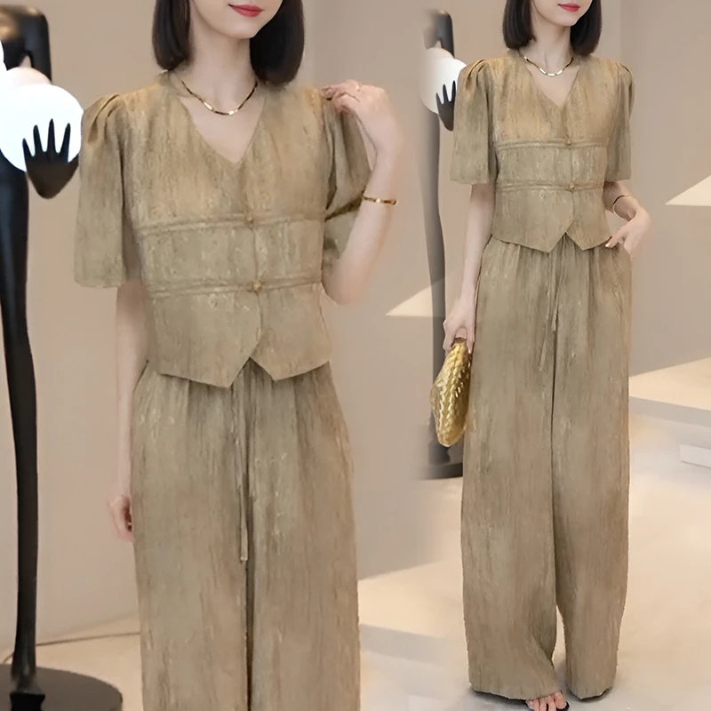 韩系时尚V领泡泡袖套装女2024夏季减龄上衣高腰阔腿裤两件套短袖