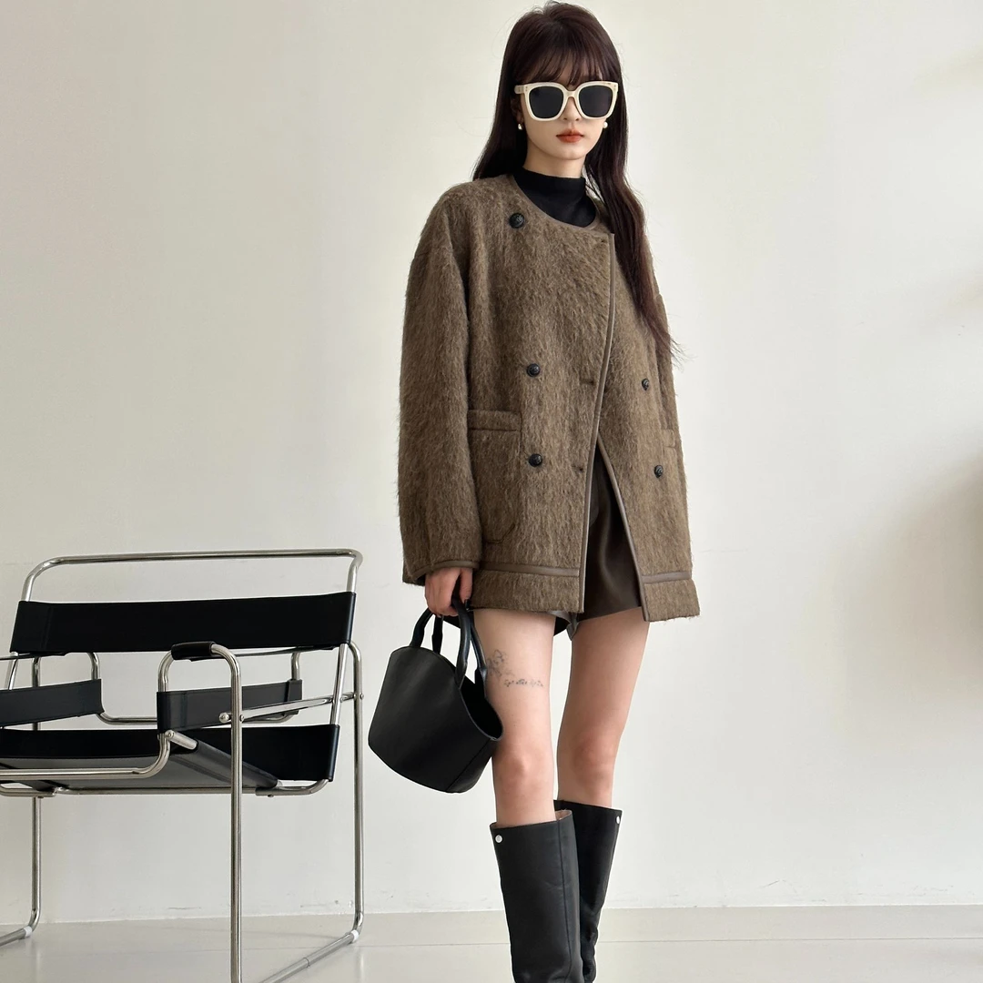 B-751休闲气质长毛宽松外套百搭中长款设计师时尚秋冬毛呢