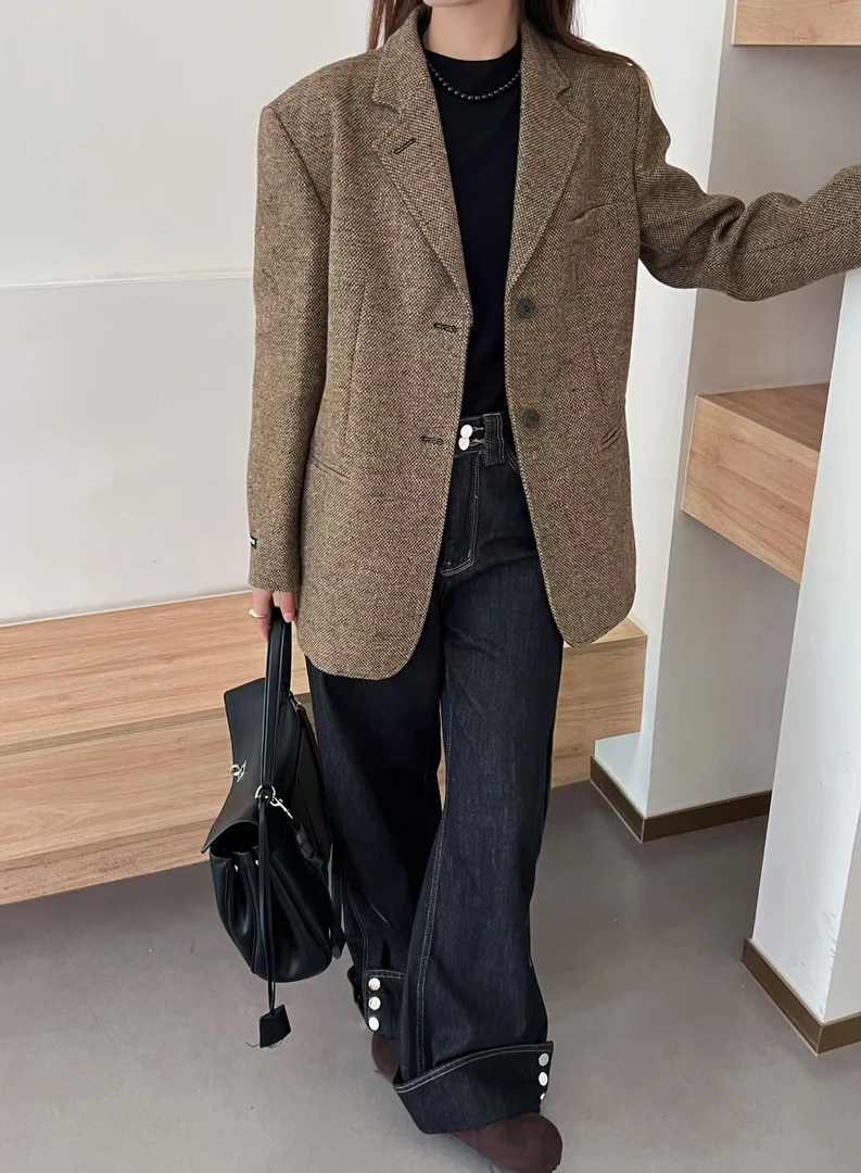 原创/小众设计师重工精仿羊毛时尚休闲百搭复古宽松格子韩版F-30