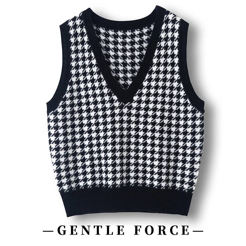 纯山羊绒千鸟格马甲 双面提花
