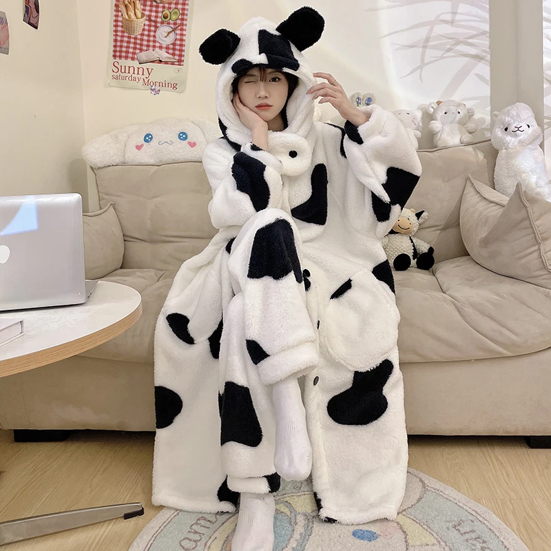 冬季奶牛新款睡衣绒袍加厚长袖长裤休闲家居服套装毛绒家居服两件