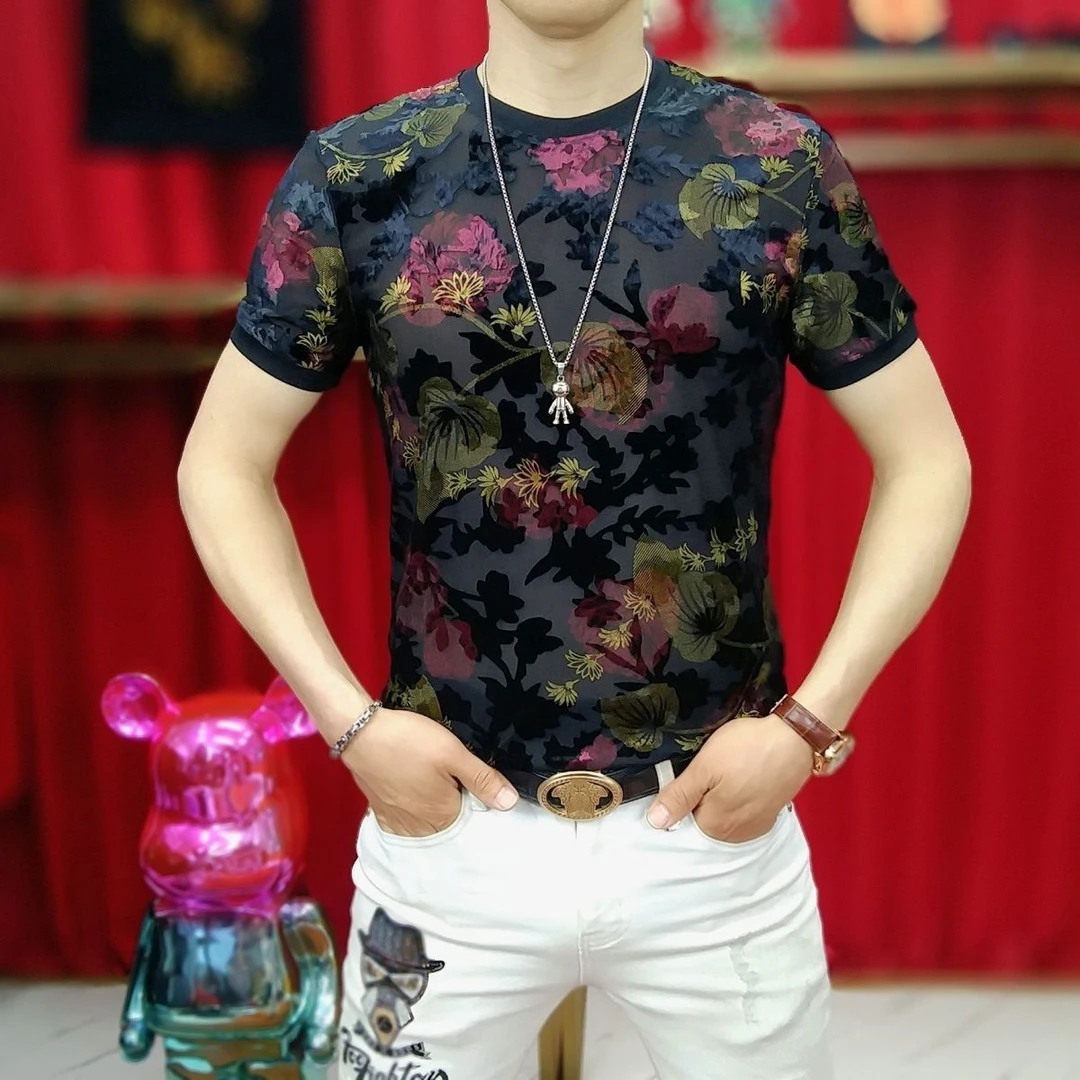 高品质 2024新款提花玫瑰花时尚百搭网红痞帅修身显瘦男士短袖